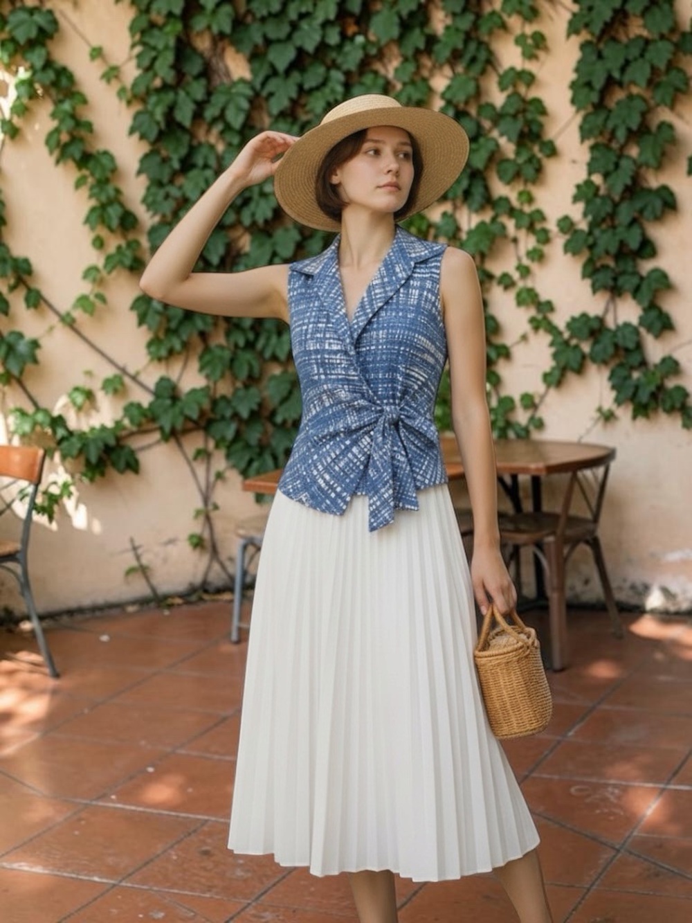 PRADA, NWT Blue and White Tie-Waist Sleeveless Top